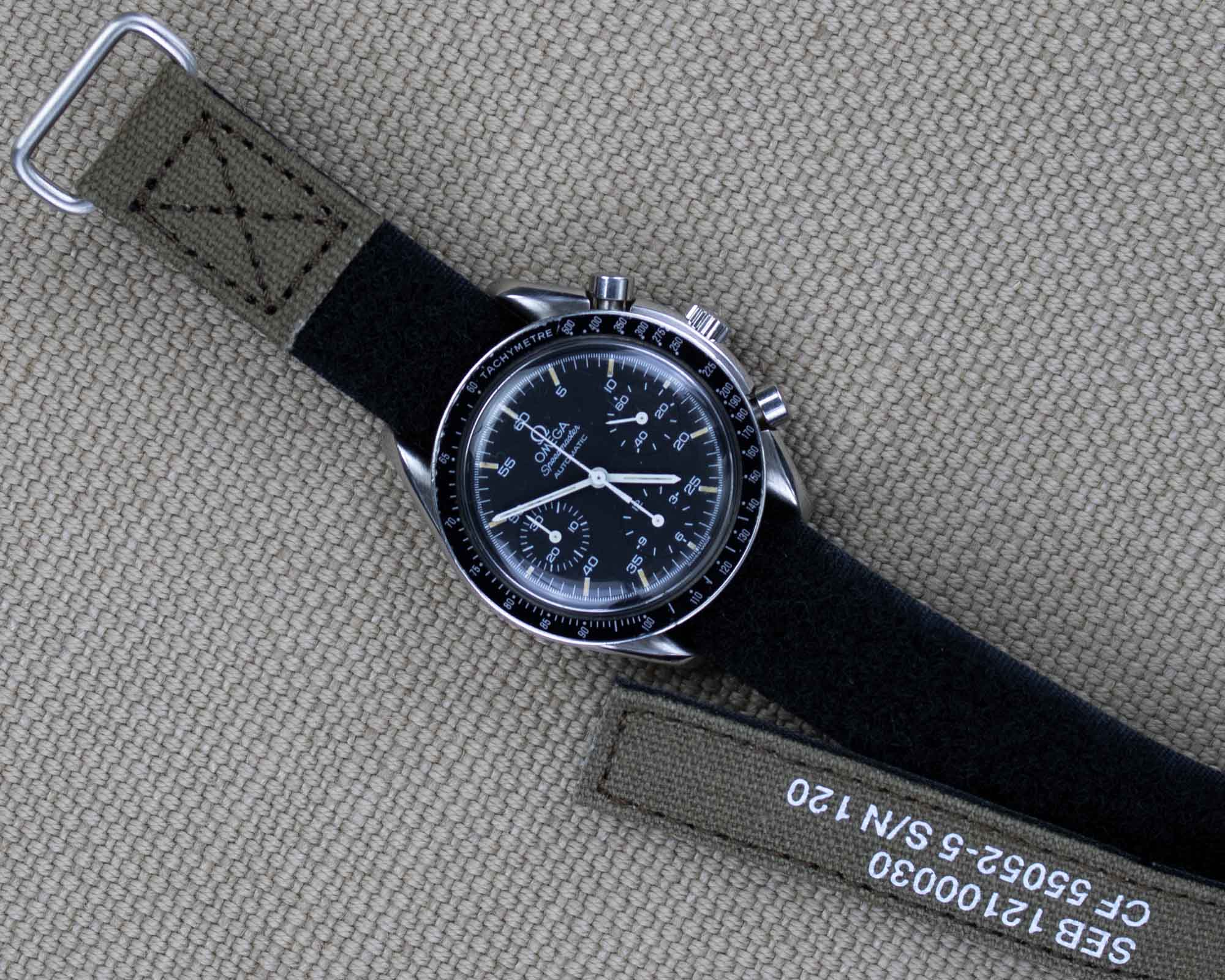 Khaki green canvas NASA velcro watch strap on a Omega Speedmaster